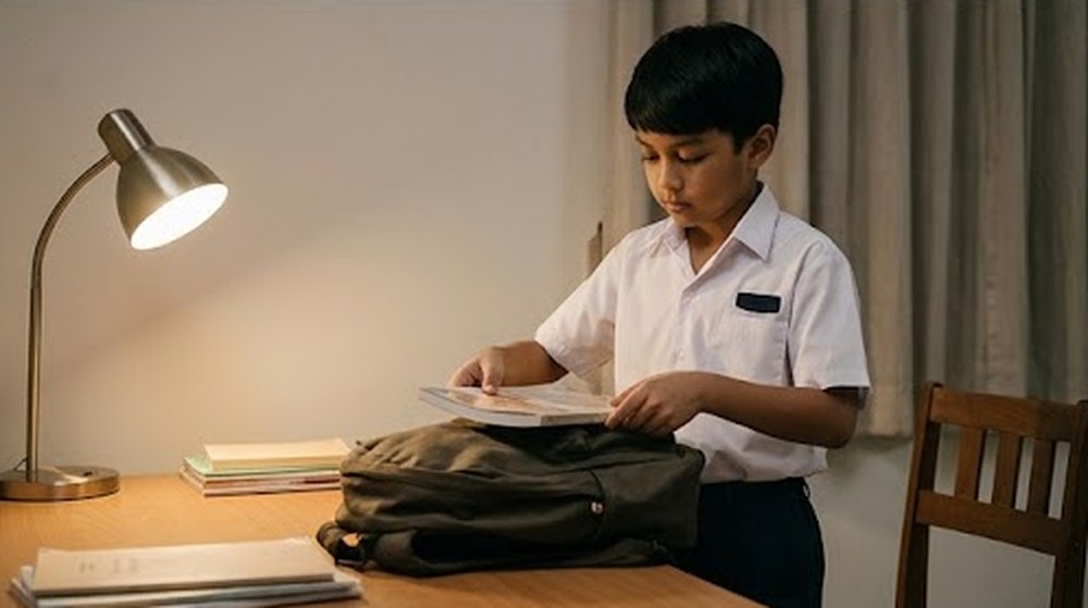 Babak 3: Pada waktu malam, budak itu mengemas begnya dengan teliti di meja belajar.