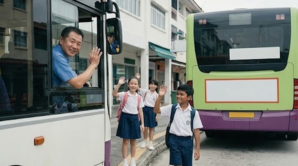 Babak 4: Pemandu bas melambai kembali kepada murid-murid dari tingkap bas.