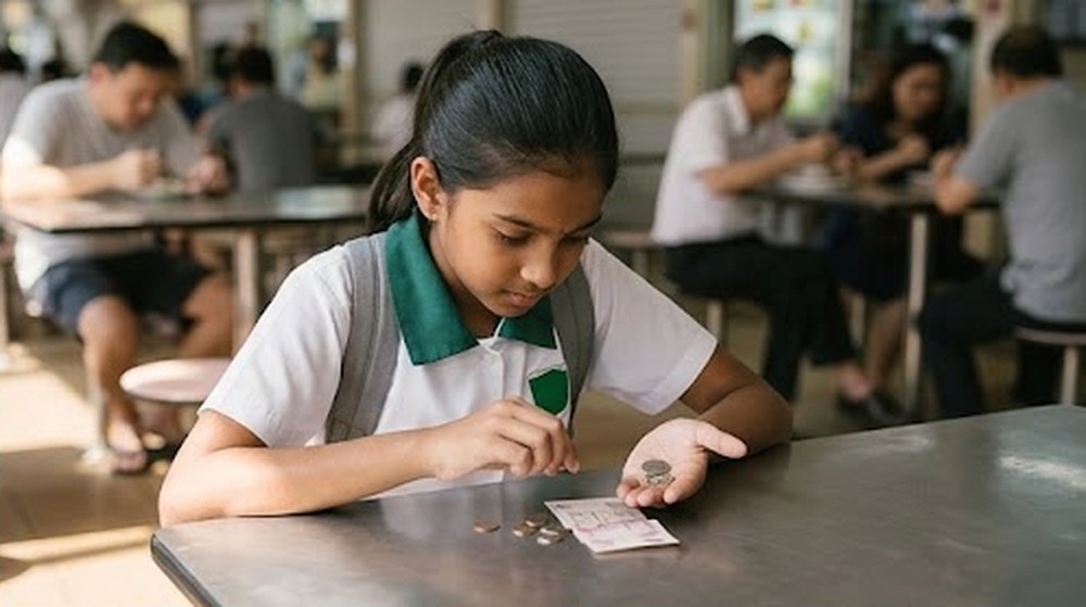 Babak 2: Di meja, murid itu mengira wang bakinya dan mendapati wangnya terlebih.
