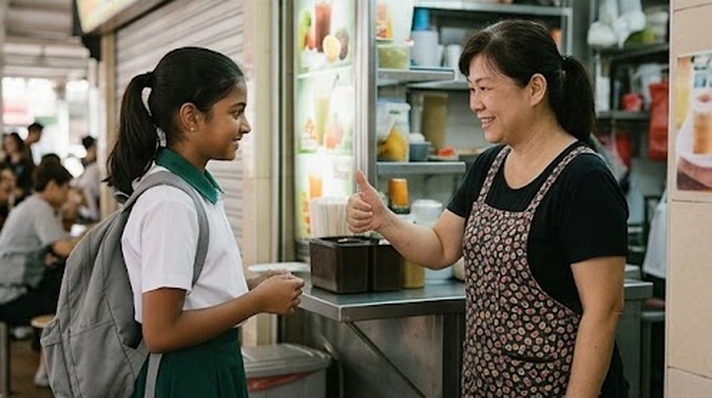 Babak 4: Makcik itu tersenyum dan mengangkat ibu jari kepada murid itu.