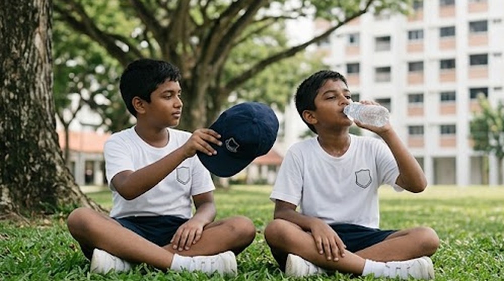 Babak 3: Mereka berehat di bawah pokok yang teduh. Kawannya memegang topi, dan budak itu minum air.