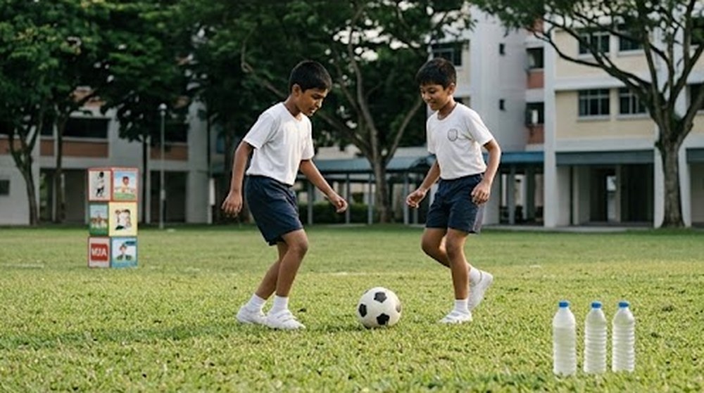 Babak 4: Kemudian, mereka bermain bola semula, dengan botol-botol air tersusun di tepi padang.