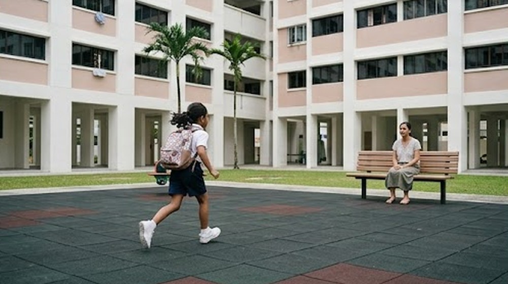 画面 3: 她跑到坐在组屋楼下长椅上的妈妈身边。
