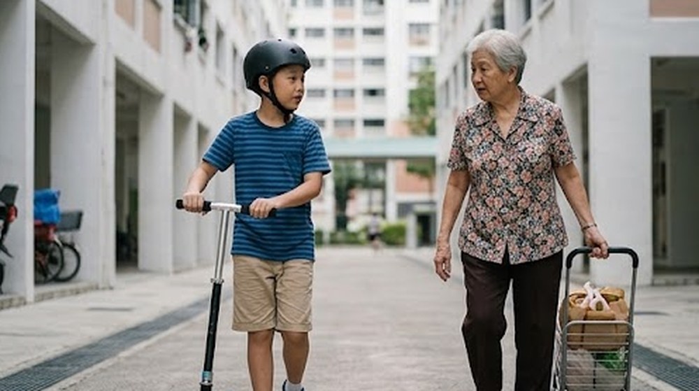 Babak 3: Dia turun dan menolak skuternya sambil berjalan di sebelah nenek itu.