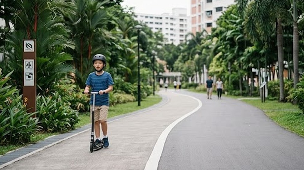 Babak 4: Kemudian, dia menunggang skuternya dengan selamat di laluan penghubung taman.