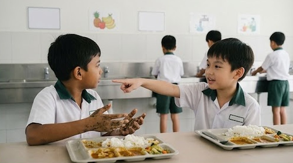Babak 2: Kawannya menunjuk ke arah tangannya dan menyuruhnya mencuci tangan dahulu.