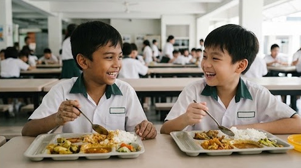 Babak 4: Kedua-dua sahabat itu makan bersama sambil ketawa gembira.