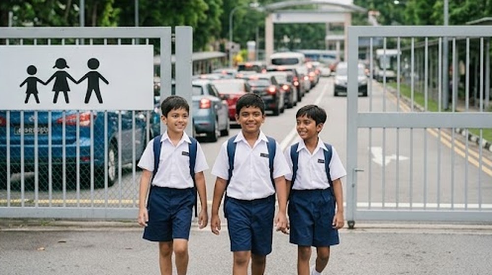 Babak 4: Tiga sahabat itu berjalan masuk melalui pintu pagar sekolah bersama-sama.