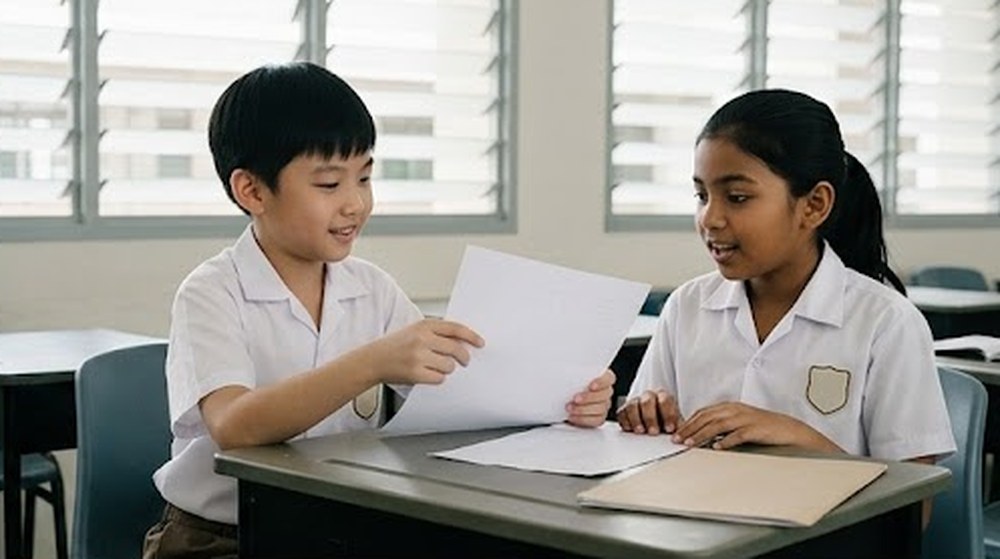 Babak 2: Rakan sekelasnya menunjukkan bahawa sebelah belakang kertas itu masih kosong.