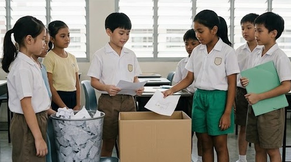 Babak 3: Murid-murid mengasingkan kertas terpakai ke dalam sebuah kotak.