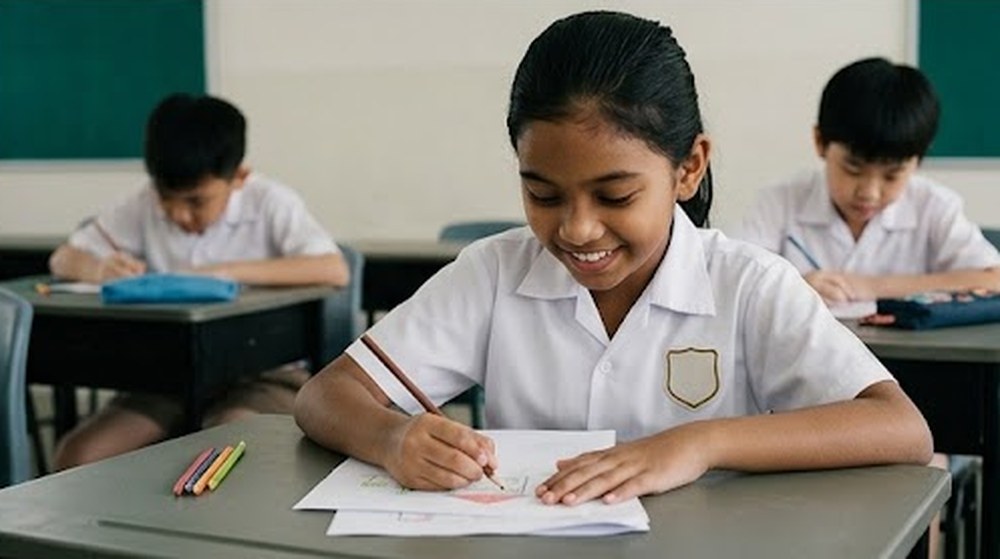 Babak 4: Murid perempuan itu melukis di sebelah belakang kertas itu dengan gembira.