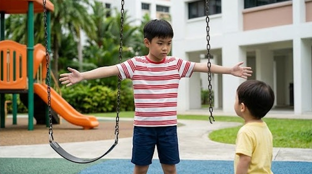 Babak 2: Dia mendepakan tangannya untuk menghalang kanak-kanak kecil itu.