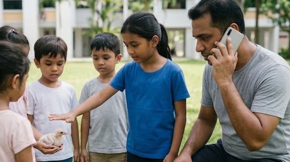 Babak 2: Seorang kanak-kanak lain memegang anak burung itu, tetapi budak perempuan itu menegurnya, dan ayahnya menelefon untuk meminta bantuan.