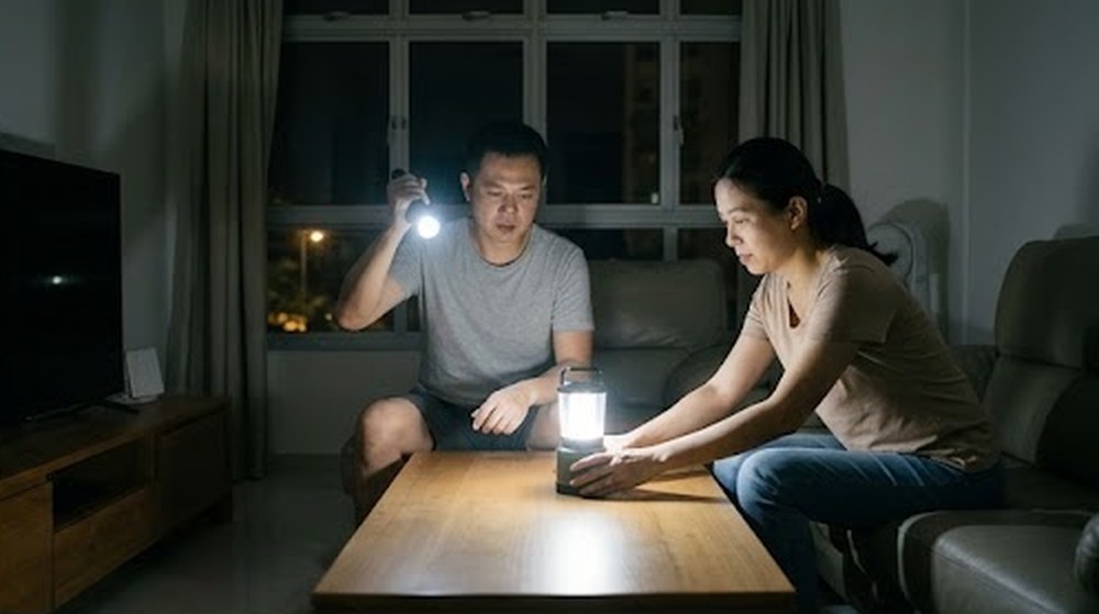 Babak 2: Tiba-tiba, bekalan elektrik terputus. Ayah menyalakan lampu suluh dan ibu meletakkan sebuah lampu tanglung di atas meja.