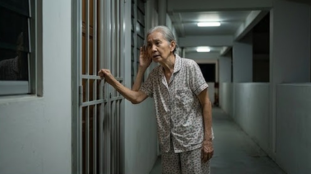 Babak 2: Di luar, seorang nenek jiran berdiri di pintu pagarnya sambil menutup telinga.