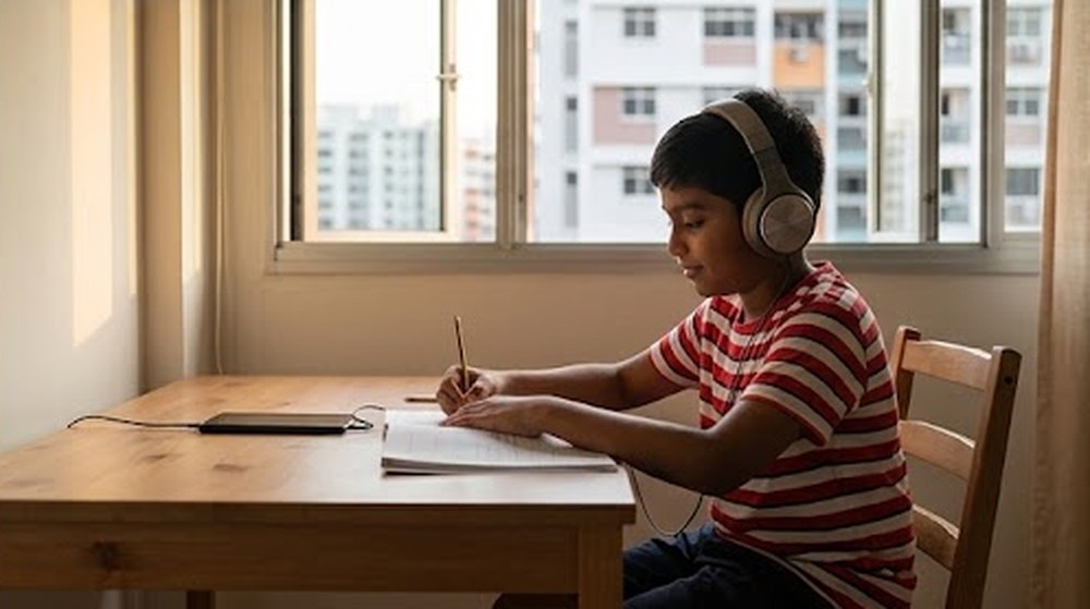 Babak 4: Kemudian, budak itu belajar sambil memakai fon kepala.