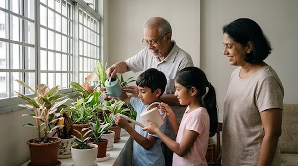 Babak 2: Di rumah, anak-anak menyiram pokok-pokok bunga bersama datuk.