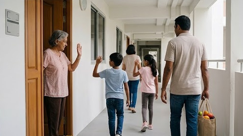 Babak 4: Apabila mereka pulang, nenek melambai dari pintu rumah.