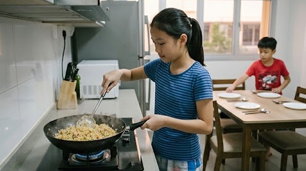 Babak 2: Kakak menggoreng nasi di dapur, dan adiknya menyusun pinggan di meja makan.