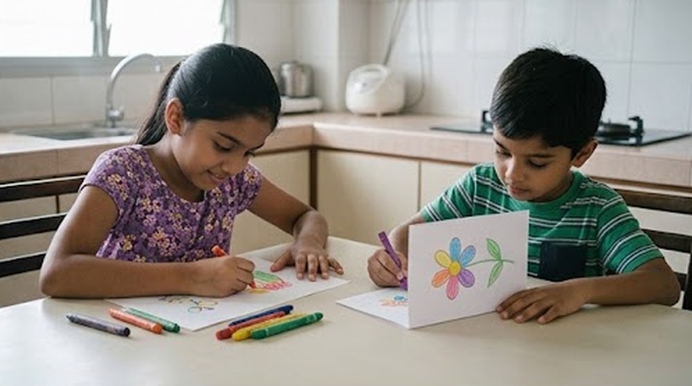 Babak 2: Mereka melukis kad ucapan hari jadi dengan pen warna.