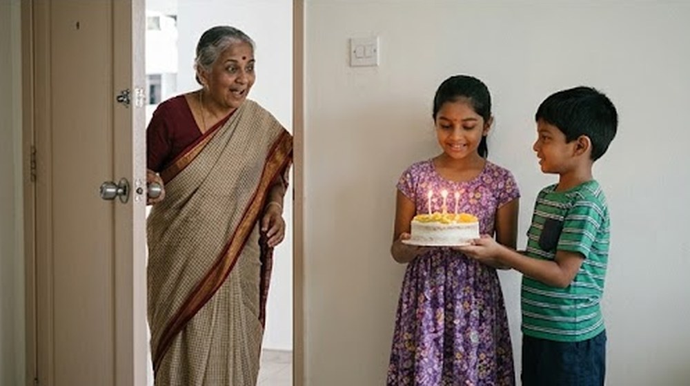 Babak 3: Nenek masuk ke dalam rumah dan terkejut melihat kek dengan lilin yang menyala.