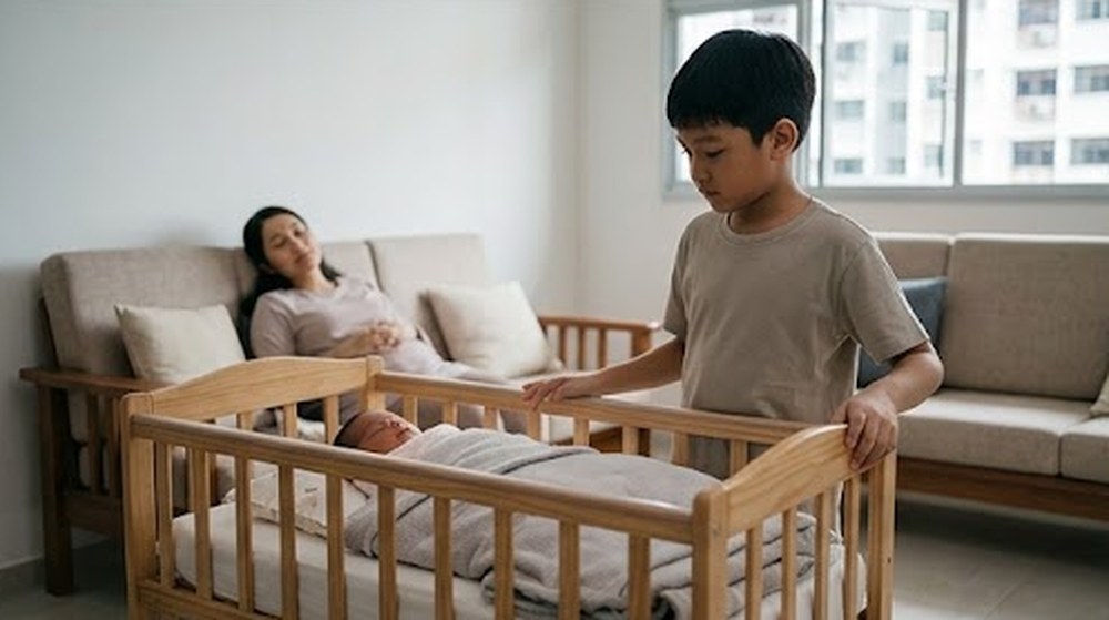 Babak 3: Semasa ibu berehat, budak itu menjaga adiknya yang tidur di dalam katil bayi.