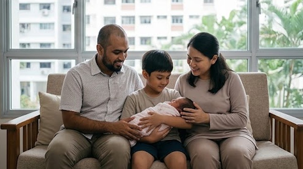 Babak 4: Seluruh keluarga duduk bersama di sofa, dan budak itu memangku adiknya dengan bantuan ibu bapanya.
