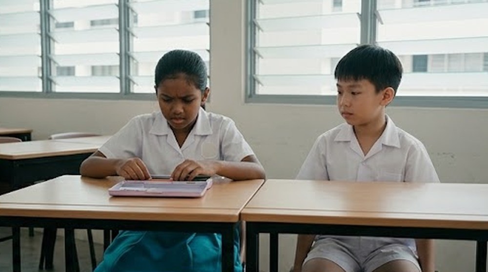 Babak 2: Murid perempuan yang empunya kotak itu memegang kotaknya dan kelihatan tidak gembira.