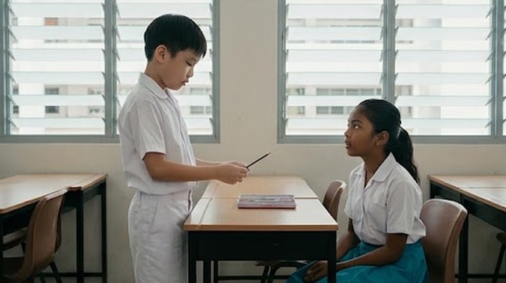 Babak 3: Murid lelaki itu memulangkan pensel itu dan bertanya dengan sopan.