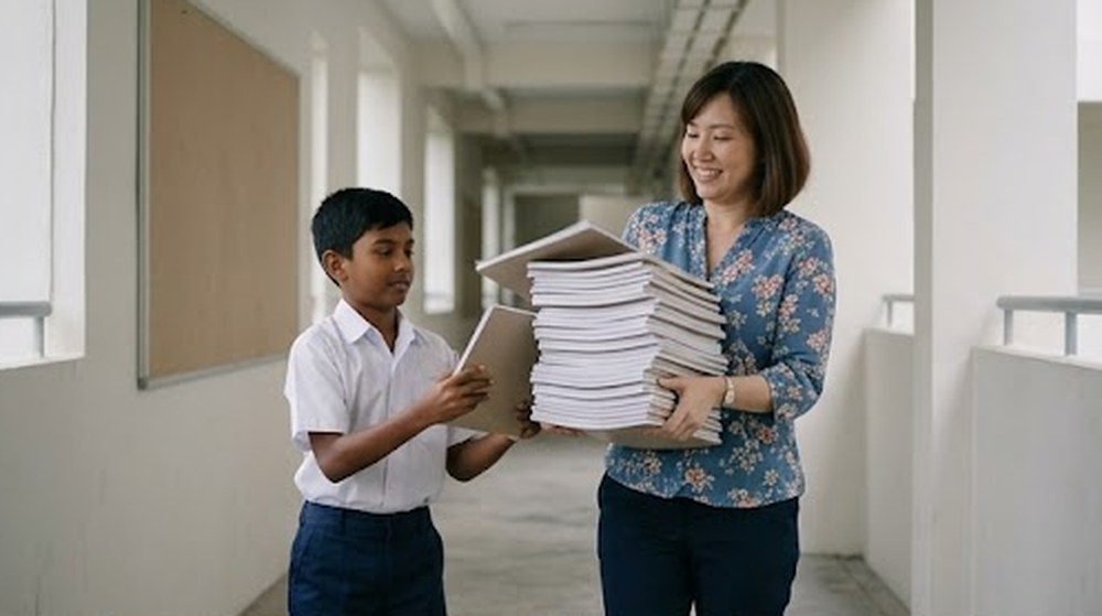 Babak 2: Seorang murid lelaki menawarkan diri dan mengambil sebahagian buku itu.