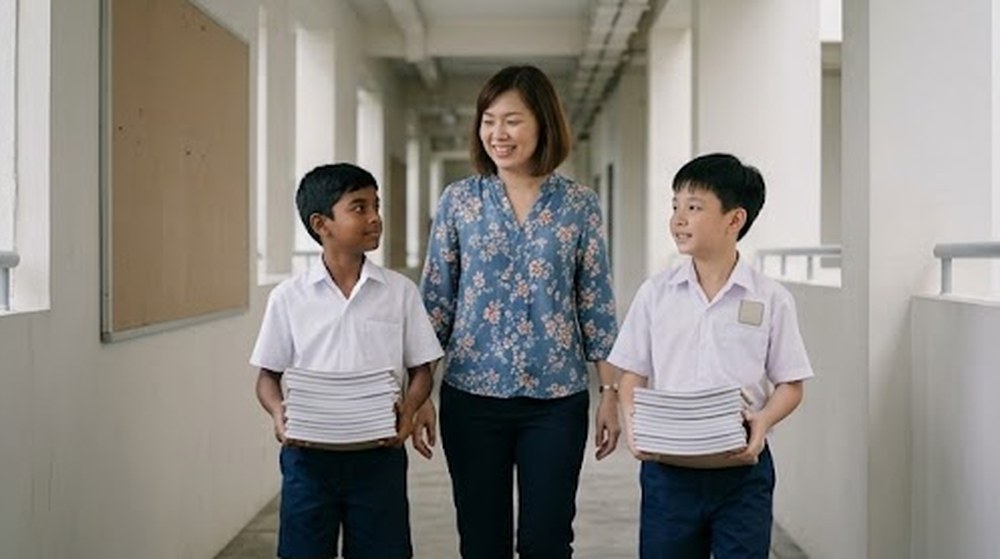 Babak 3: Seorang lagi murid menyertai mereka, dan mereka berjalan bersama sambil membawa buku.