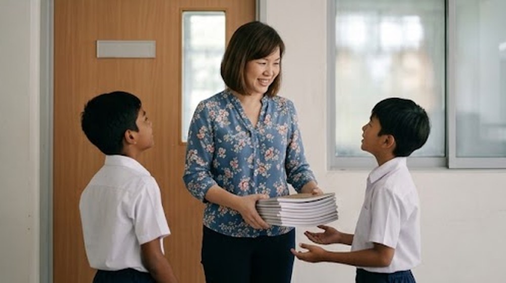 Babak 4: Di pintu bilik guru, kedua-dua murid itu menyerahkan buku kepada guru, dan guru tersenyum.