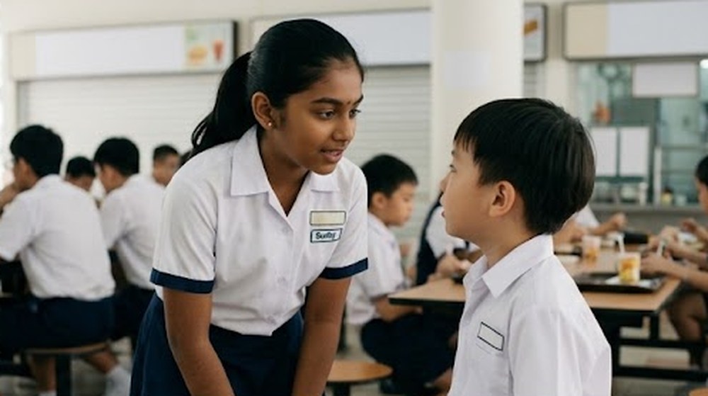 Babak 2: Seorang murid perempuan yang lebih tua membongkok dan bercakap dengannya dengan lembut.