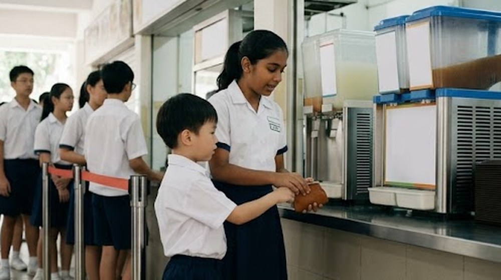 Babak 3: Dia membawa murid kecil itu ke gerai minuman dan membantunya membeli air.