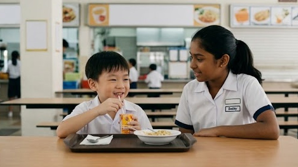 Babak 4: Murid kecil itu makan dengan gembira di sebelah kakak yang membantunya.