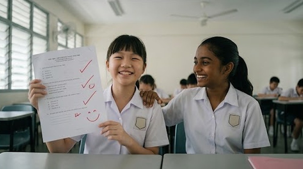 Babak 4: Murid itu tersenyum lebar sambil menunjukkan kertas ujian yang penuh dengan tanda betul.