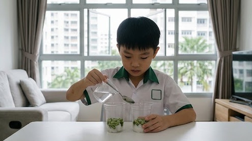 Babak 2: Di rumah, murid lelaki itu menyiram cawannya dengan berhati-hati.