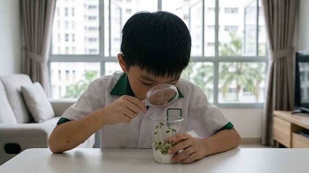 Babak 3: Dia memerhatikan anak benihnya dengan kanta pembesar.