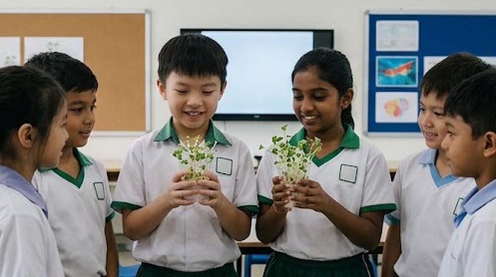 Babak 4: Di dalam kelas, murid-murid mengangkat anak benih yang sudah bercambah dengan bangga.