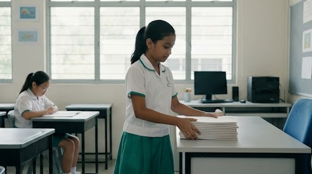Babak 2: Dia menyusun buku-buku itu dengan kemas di atas meja guru.