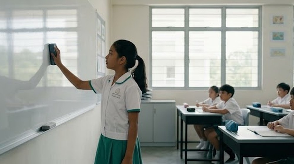 Babak 3: Dia memadam papan putih sebelum pelajaran seterusnya.
