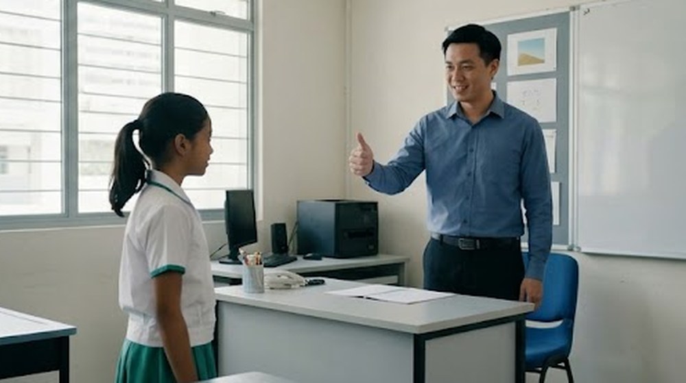 Babak 4: Guru mengangkat ibu jari untuk memuji ketua darjah itu.