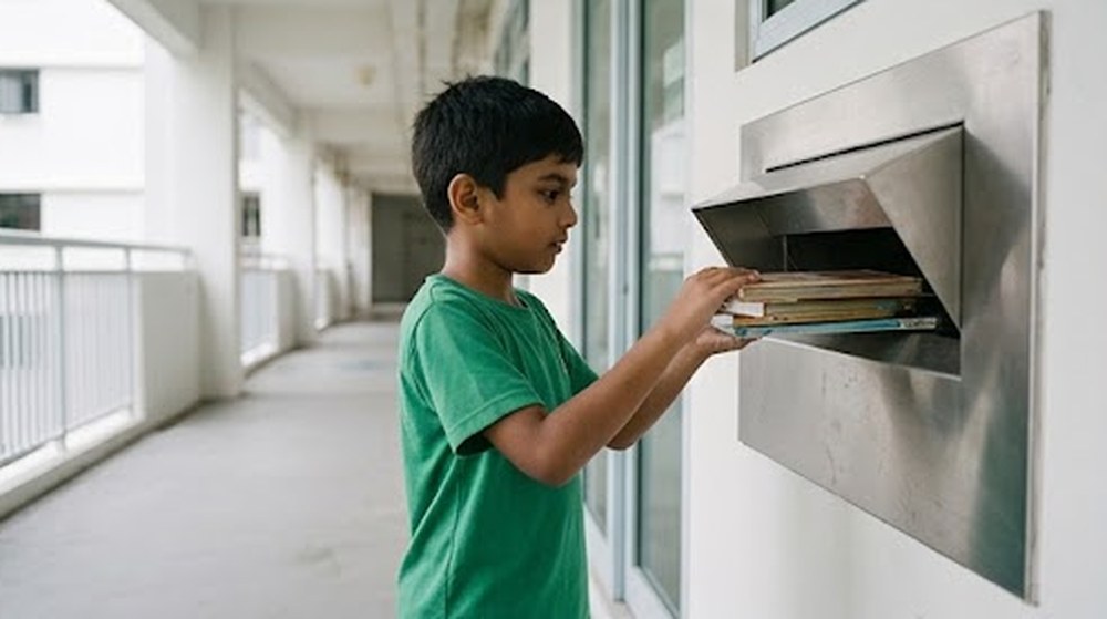 Babak 3: Budak itu memasukkan buku-buku itu ke dalam kotak pemulangan buku.