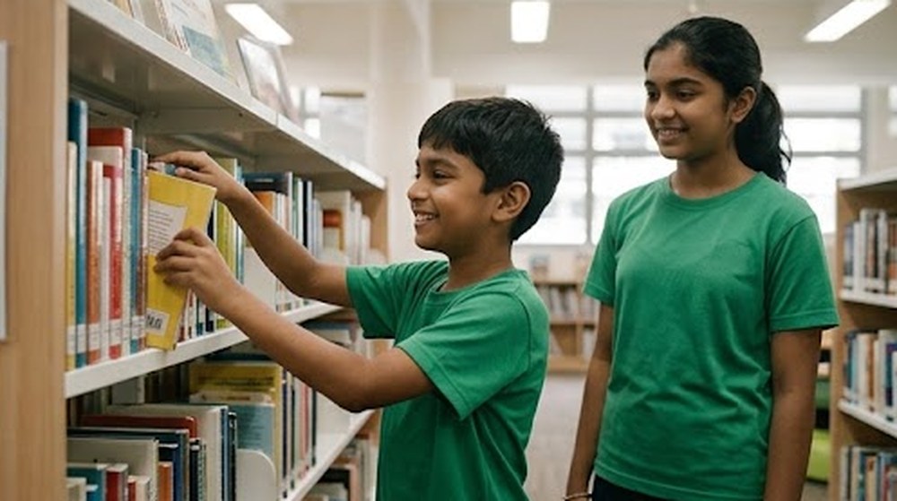 Babak 4: Di perpustakaan, dia memilih buku baharu bersama kakaknya.